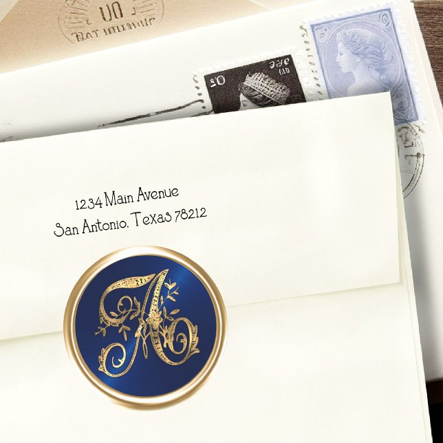 Pegatina Redonda Iniciales doradas Monograma Inicial Azul Marino (Subido por el creador)