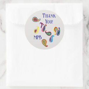 Pegatina Redonda Iniciales, Gracias Paisleys Quilled 3-in