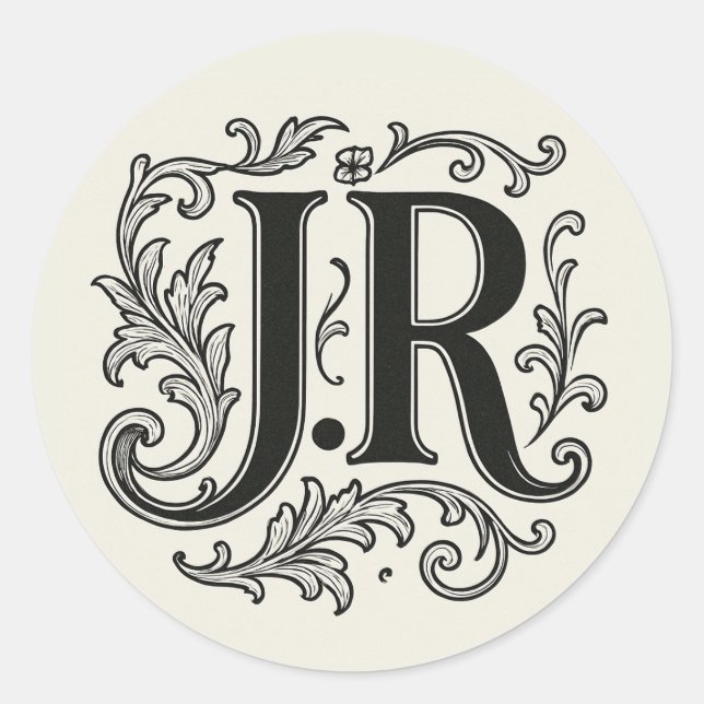 Pegatina Redonda Iniciales J.R con decoración