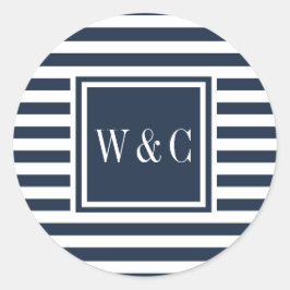 Pegatina Redonda Iniciales modernos Monograma Marina Azul franja bl