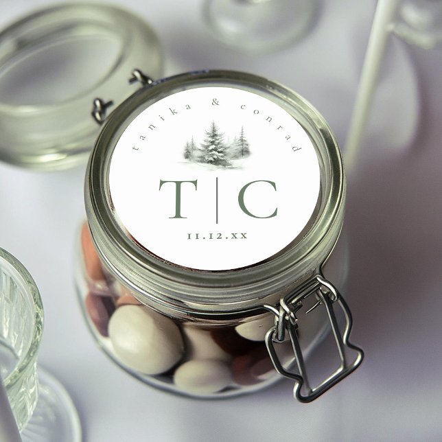 Pegatina Redonda Iniciales rusticas de la boda invernal Green ID104 (Subido por el creador)