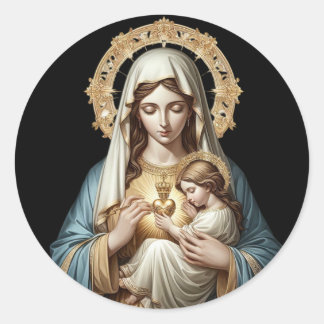 Pegatina Redonda Inmaculada Concepción María sosteniendo a Jesús