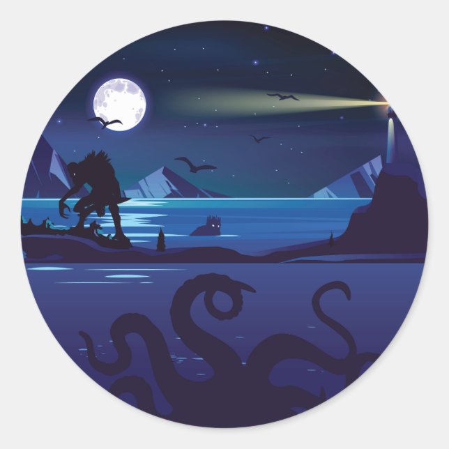 Pegatina Redonda Innsmouth Devil Reef Deep Ones Lovecraft (Anverso)
