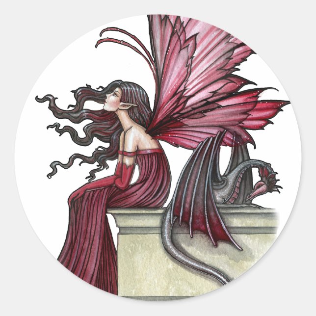 Pegatina Redonda Inquietante Ruby Gótico Red Fairy and Dragon (Anverso)