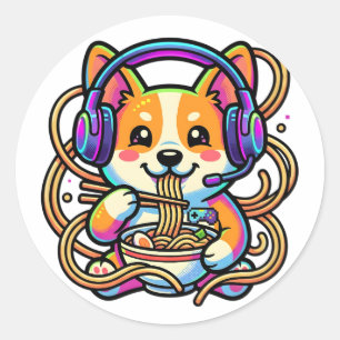 Pegatina Redonda Insígnia de Kawaii Corgi Gamer Comiendo Ramen