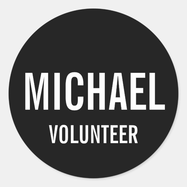 Pegatina Redonda Insignia de voluntario negro con nombre personaliz (Anverso)