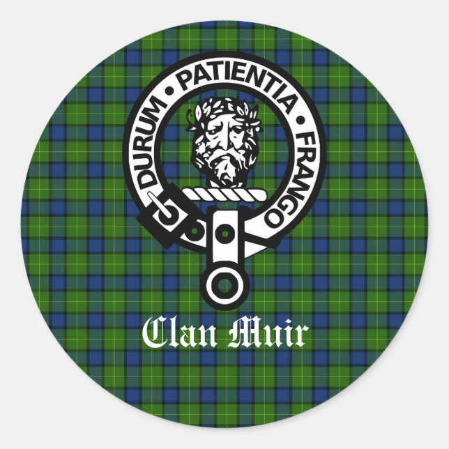 Pegatina Redonda Insignia Escudo de Clan Muir y Tartán (Anverso)