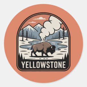 Pegatina Redonda Insignia Retro Parque Bisonte de Yellowstone