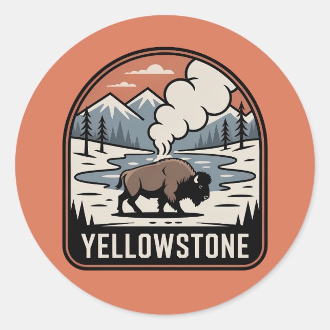 Pegatina Redonda Insignia Retro Parque Bisonte de Yellowstone (Anverso)