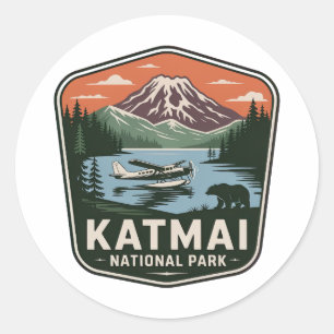 Pegatina Redonda Insignia Vintage del Parque Nacional Katmai