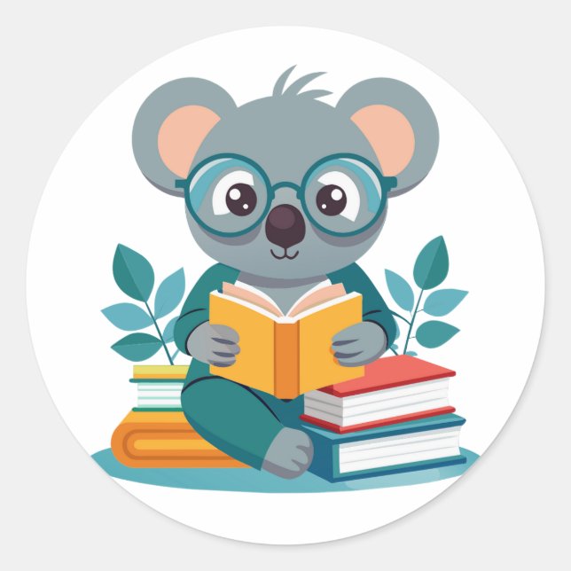 Pegatina Redonda Inspira educación en libros de lectura de Koala (Anverso)
