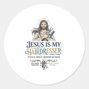 Pegatina Redonda Inspiración de camiseta para peluquero de Jesús Be