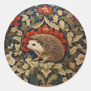 Pegatina Redonda Inspiración de Woodland Hedgehog William Morris
