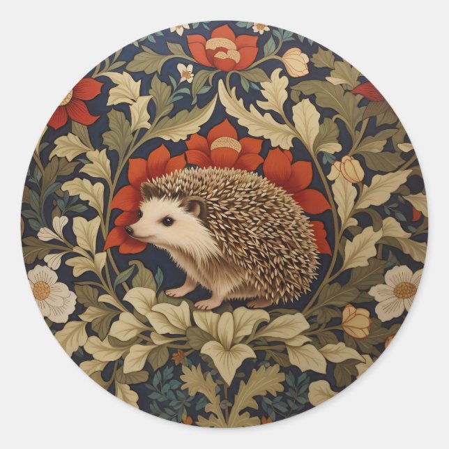 Pegatina Redonda Inspiración de Woodland Hedgehog William Morris (Anverso)
