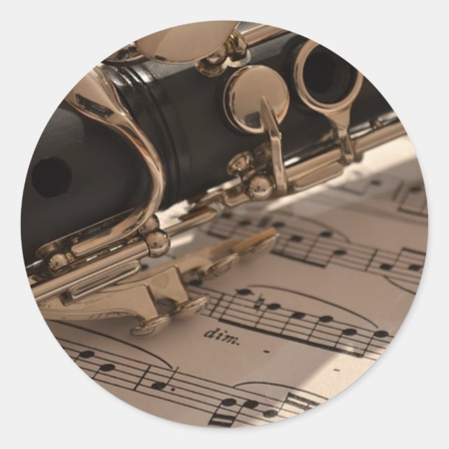 Pegatina Redonda Instrumento musical clarinete con notación (Anverso)