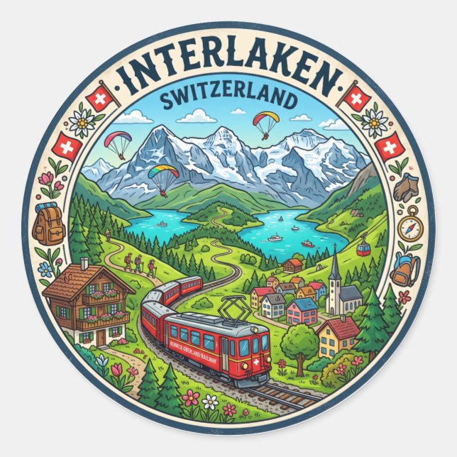 Pegatina Redonda Interlaken Suiza (Anverso)