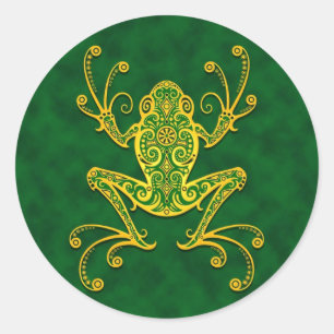 Pegatina Redonda Intrincada Rana del Árbol Verde Dorado