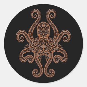 Pegatina Redonda Intrincado pulpo marrón sobre negro