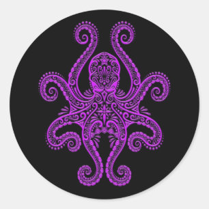 Pegatina Redonda Intrincado pulpo morado sobre negro