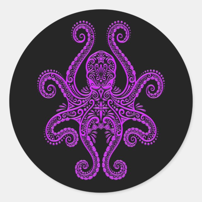 Pegatina Redonda Intrincado pulpo morado sobre negro (Anverso)