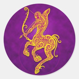 Pegatina Redonda Intrincado sagitario tribal morado y amarillo