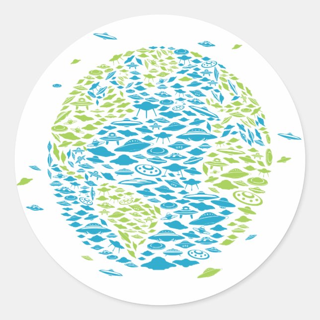 Pegatina Redonda Invasión de OVNI en el mundo, Alien, buques espaci (Anverso)