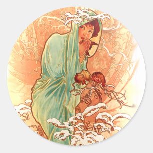 Pegatina Redonda Invierno - Alphonse Mucha Art Nouveau