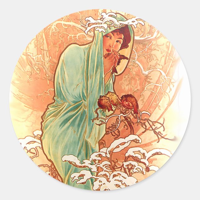 Pegatina Redonda Invierno - Alphonse Mucha Art Nouveau (Anverso)