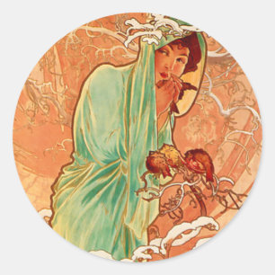 Pegatina Redonda Invierno Art Nouveau de Alphonse Mucha