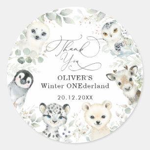 Pegatina Redonda Invierno Ártico Animales nevados Bosque 1er cumple