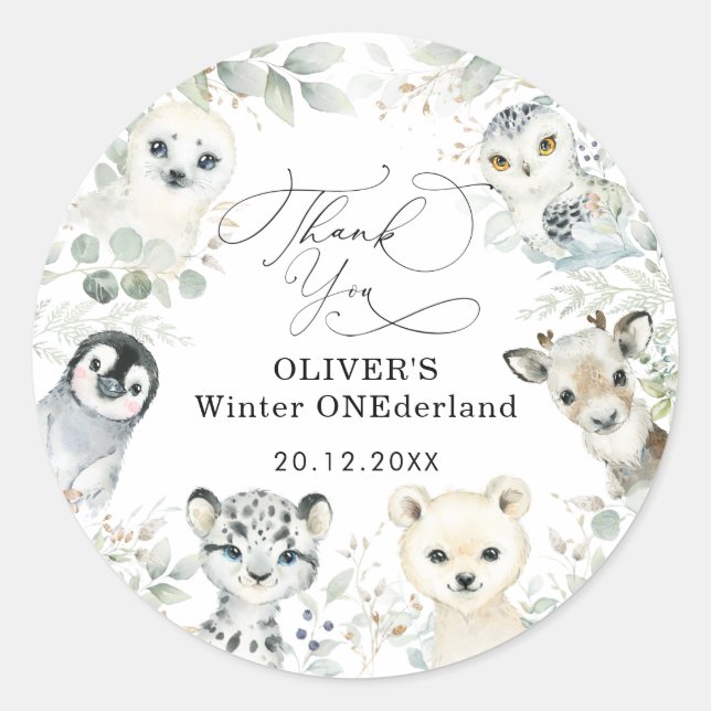 Pegatina Redonda Invierno Ártico Animales nevados Bosque 1er cumple (Anverso)