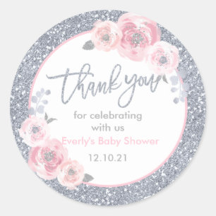 Pegatina Redonda Invierno Baby Shower Pink & Silver Snowflake Favor