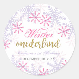 Pegatina Redonda Invierno de Onederland Primer cumpleaños Nieve Púr