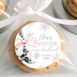 Pegatina Redonda Invierno de Onederland Rosado Primer Cumpleaños