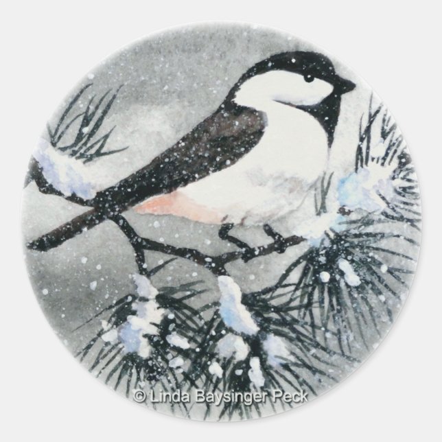 Pegatina Redonda Invierno de pájaro de pollo con tapa negra (Anverso)