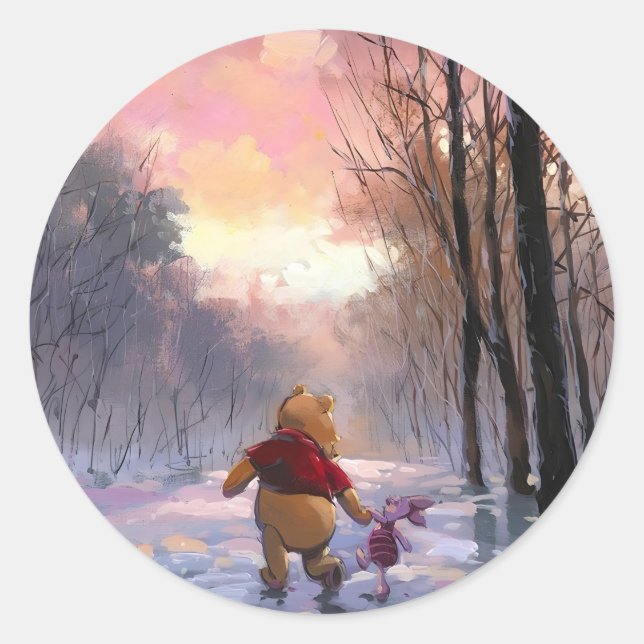 Pegatina Redonda invierno de Pooh y piglet (Anverso)