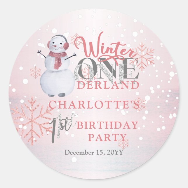Pegatina Redonda Invierno de Snowman ONEderland Primer cumpleaños (Anverso)