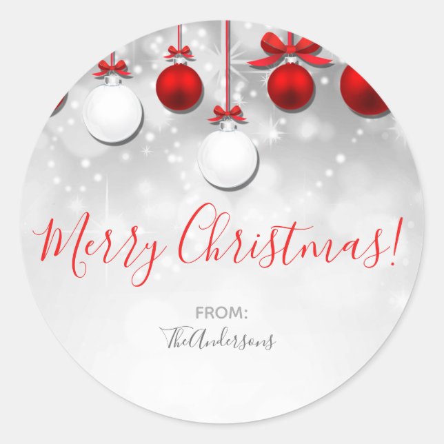 Pegatina Redonda Invierno de vacaciones Red White Sparkle Ornaments (Anverso)