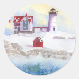 Pegatina Redonda Invierno en el Faro Nubble de Maine