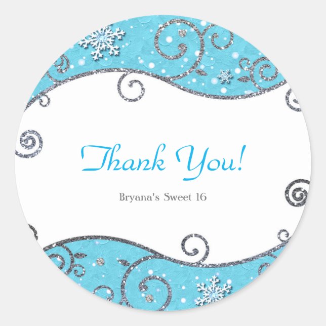 Pegatina Redonda Invierno Maravilloso Remolinos Plateados Azul Bril (Anverso)