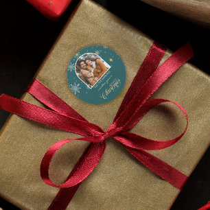 Pegatina Redonda Invierno moderno copos de nieve foto Navidades Ver