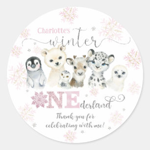 Pegatina Redonda Invierno ONEdeland Animales Árticos Nieve Cumpleañ