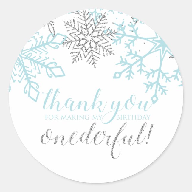Pegatina Redonda Invierno Onederland Blue Silver Snowflake Favor (Anverso)