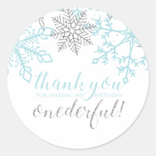 Pegatina Redonda Invierno Onederland Blue Silver Snowflake Favor