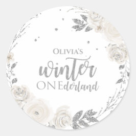 Pegatina Redonda Invierno Onederland Brillo Floral Plateado