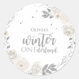 Pegatina Redonda Invierno Onederland Brillo Floral Plateado
