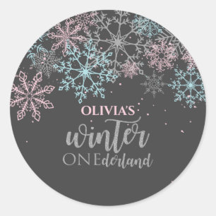 Pegatina Redonda Invierno Onederland Brillo rosa azul plateado