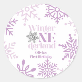 Pegatina Redonda Invierno Onederland Copo de Nieve Púrpura Cumpleañ