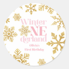 Pegatina Redonda Invierno Onederland Copo de Nieve Rosa Dorado Cump