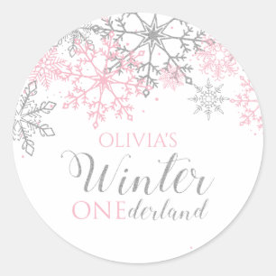 Pegatina Redonda Invierno Onederland Copo de Nieve Rosa y Plateado